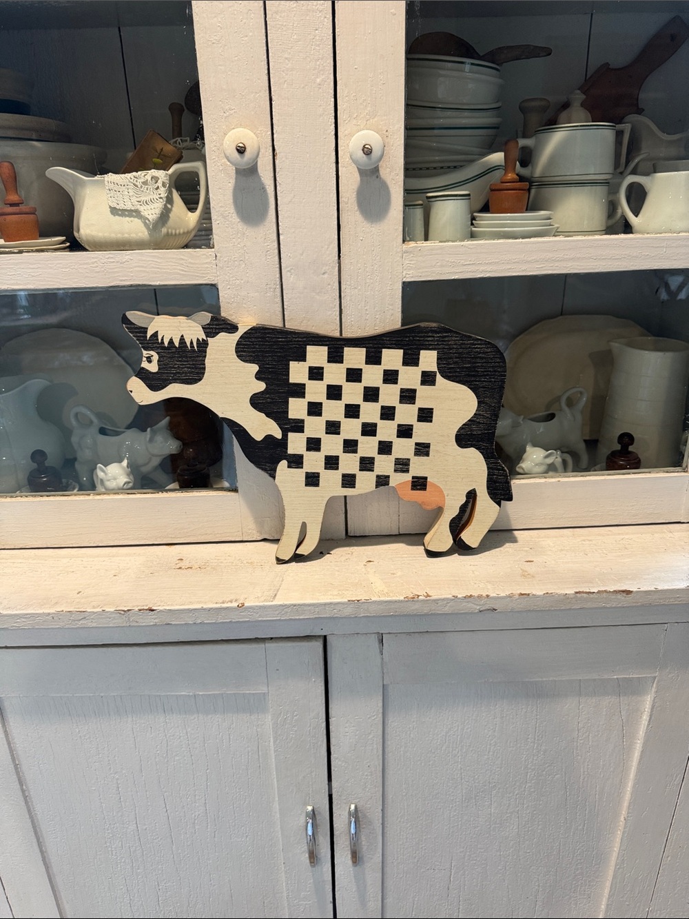Farmhouse Cow Wood Cutout - Black & Cream with Checkered Pattern